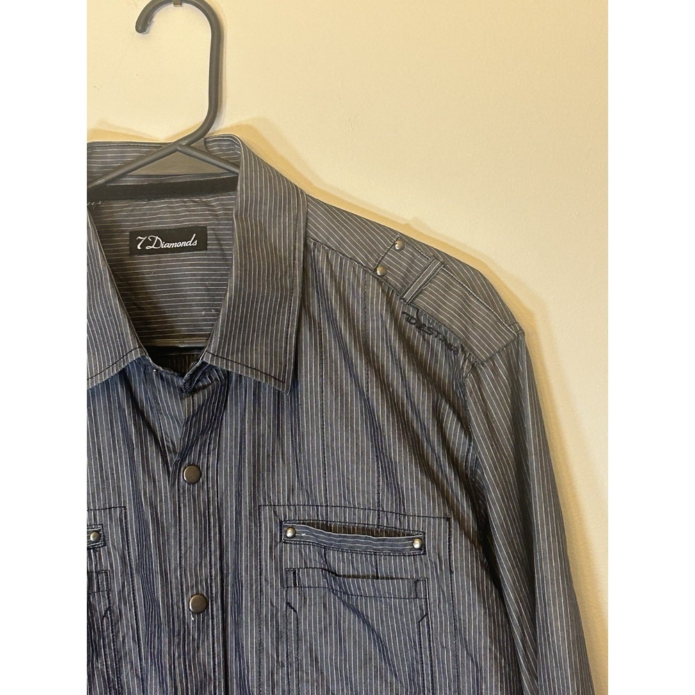 7 Diamonds Men's XL Snap Up Long Sleeve Gray Striped Shirt 100% Cotton